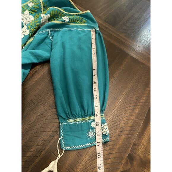 Teal Embroidered Boho Peasant Top Floral Embroidered Blouse Tassel Sleeve SZ XL - Picture 7 of 7